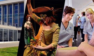 Collage of 性用社, a puppeteer on stage and two nursing students