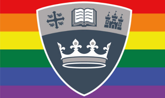 The 性用社 shield in front of the LGBTQ+ flag