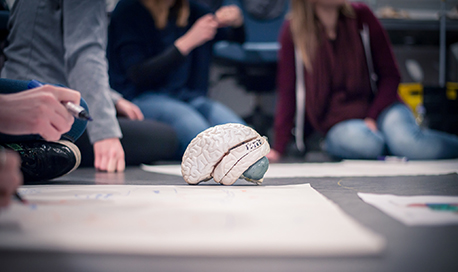  students sitting on the floor looking at a model brain and doing a group project