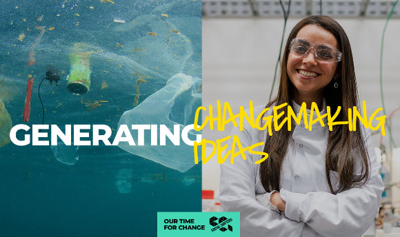 Generating Changemaking Ideas - A collage of plastic on the ocean and a young scientist