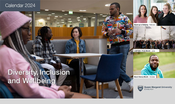 A collage of images from the 2024  Diversity, Inclusion and Wellbeing calendar. It features different images of students on campus and at events.
